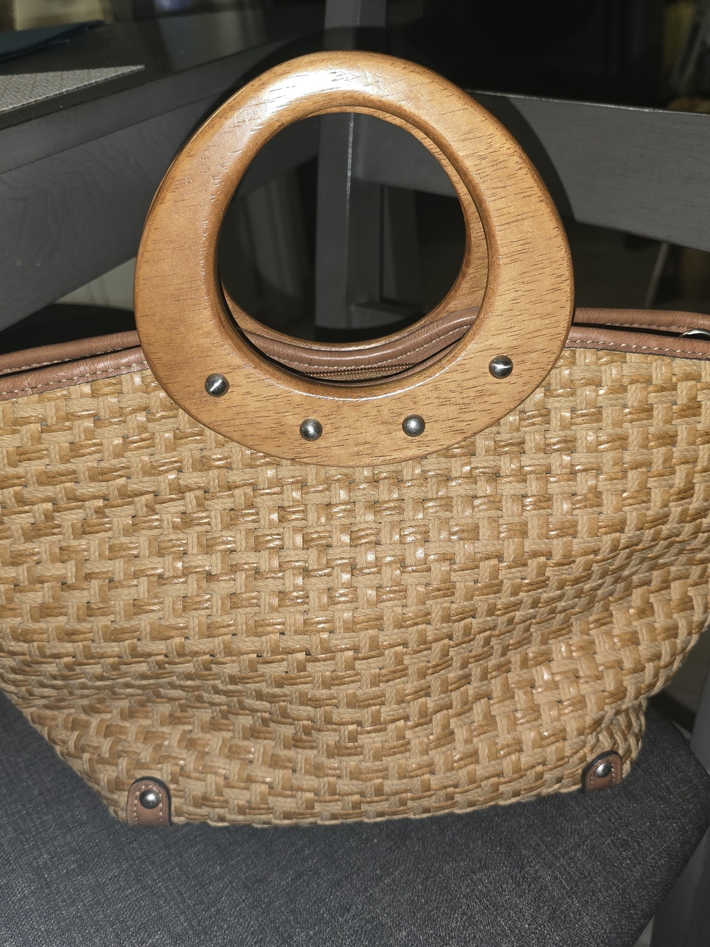 Fossil Tan Woven Tote with Wooden Round Handles